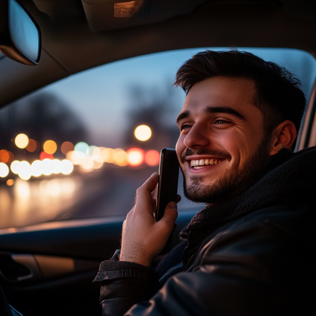 A smiling man talking on his phone while driving | Source: no source
