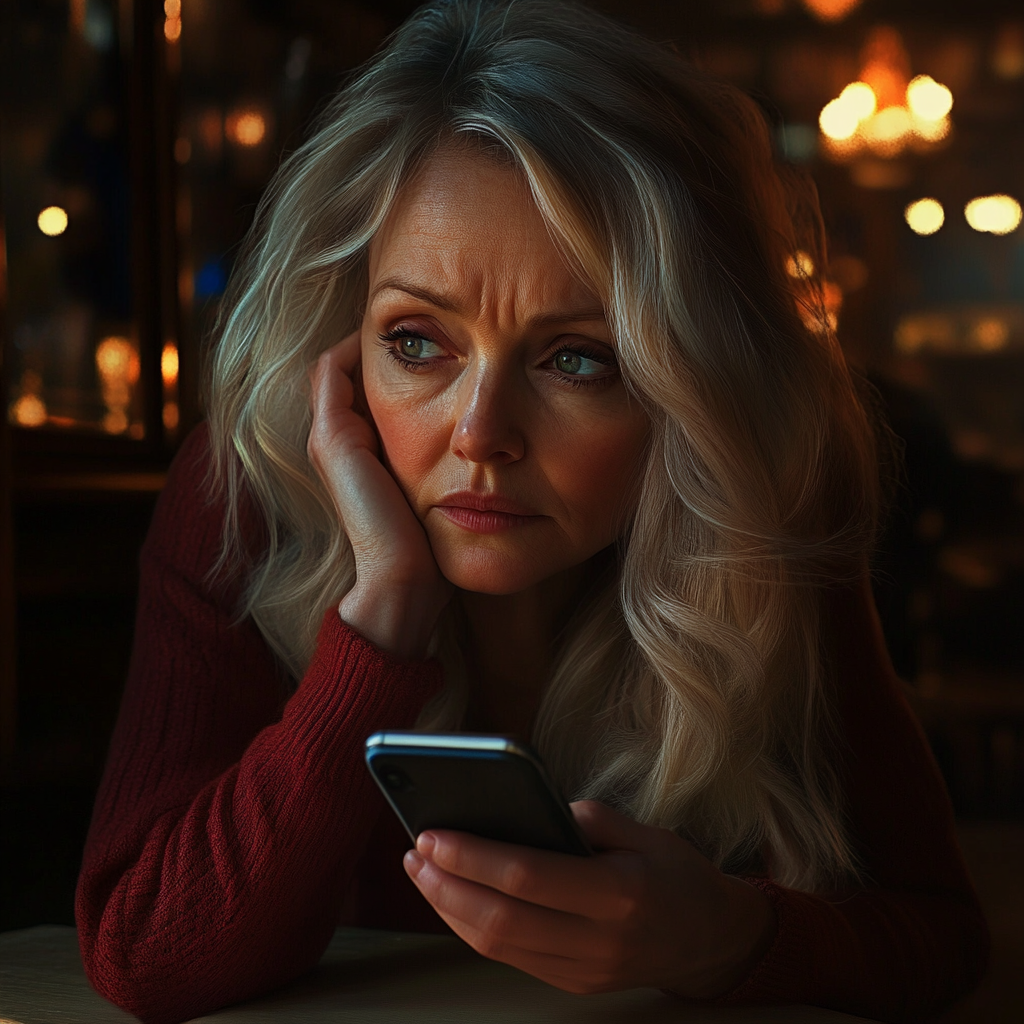 A teary-eyed woman holding her phone | Source: No source