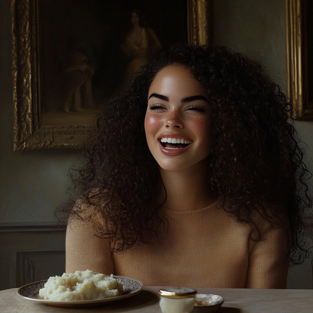 A delighted woman seated at a dining table | Source: No source
