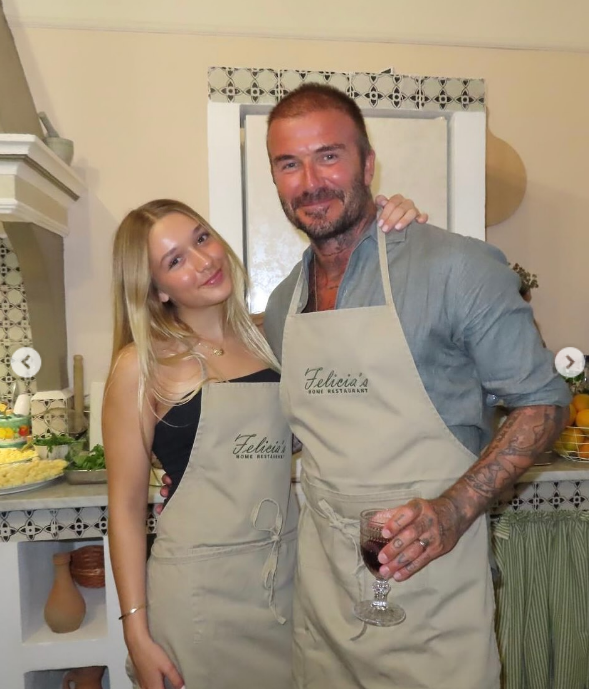David and Harper Beckham cook together during the summer in a post dated September 1, 2025 | Source: Instagram/victoriabeckham