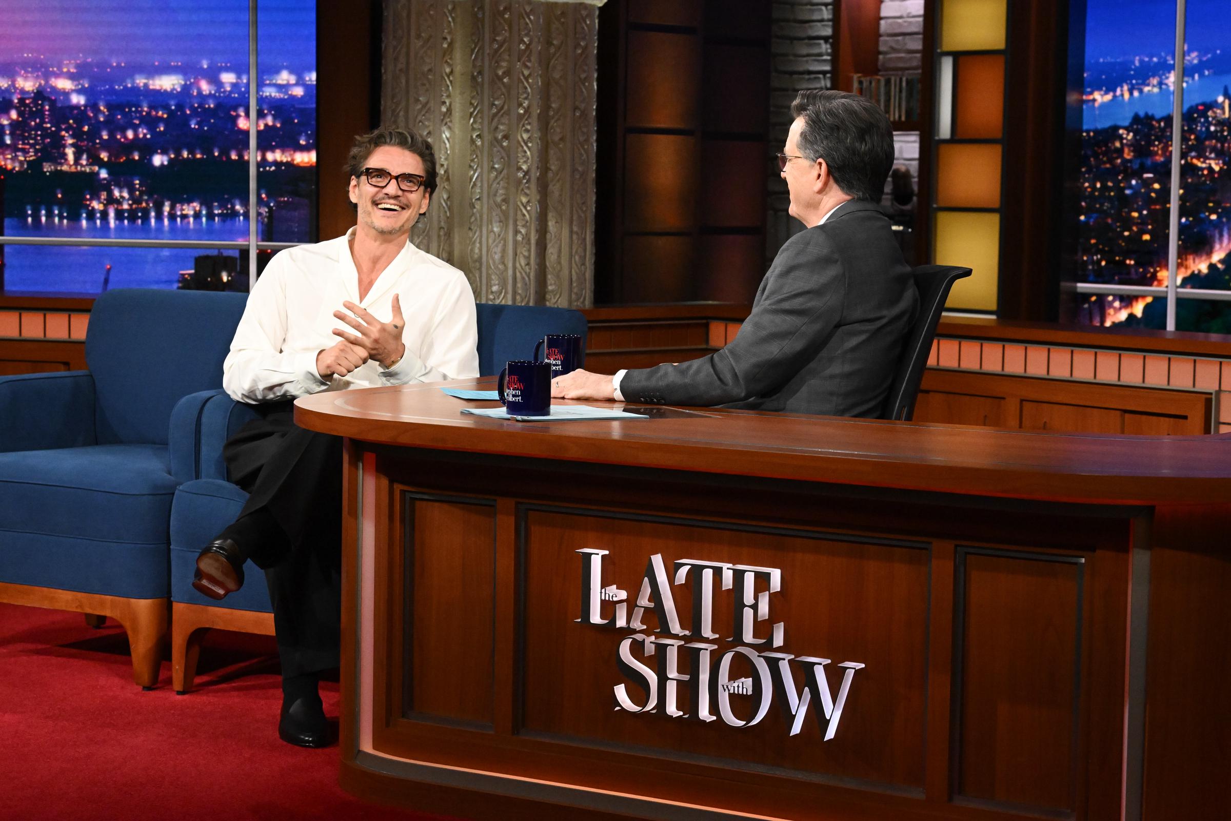 "The Late Show" with Stephen Colbert and guest Pedro Pascal during Tuesday's May 12, 2026 show. | Source: Getty Images