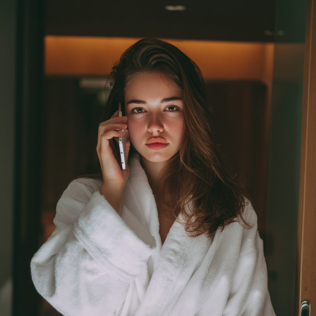 A young woman wearing a white robe and talking on the phone | Source: no source