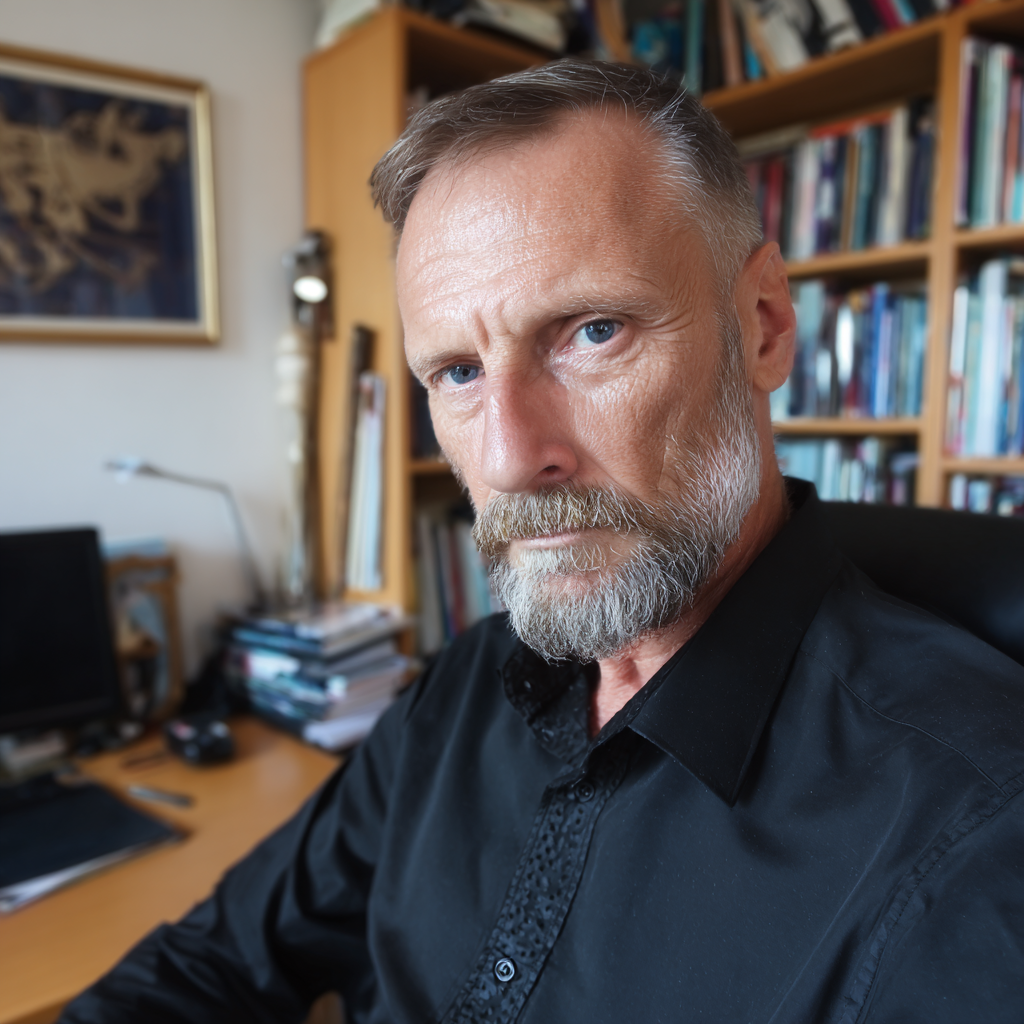 A stern man sitting behind a desk wearing a formal black shirt | Source: No source