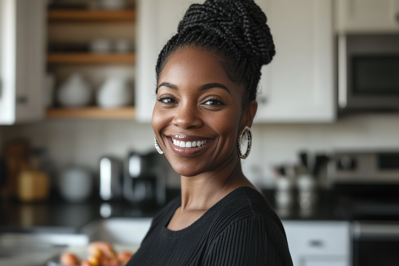 A smiling woman in a kitchen | Source: no source