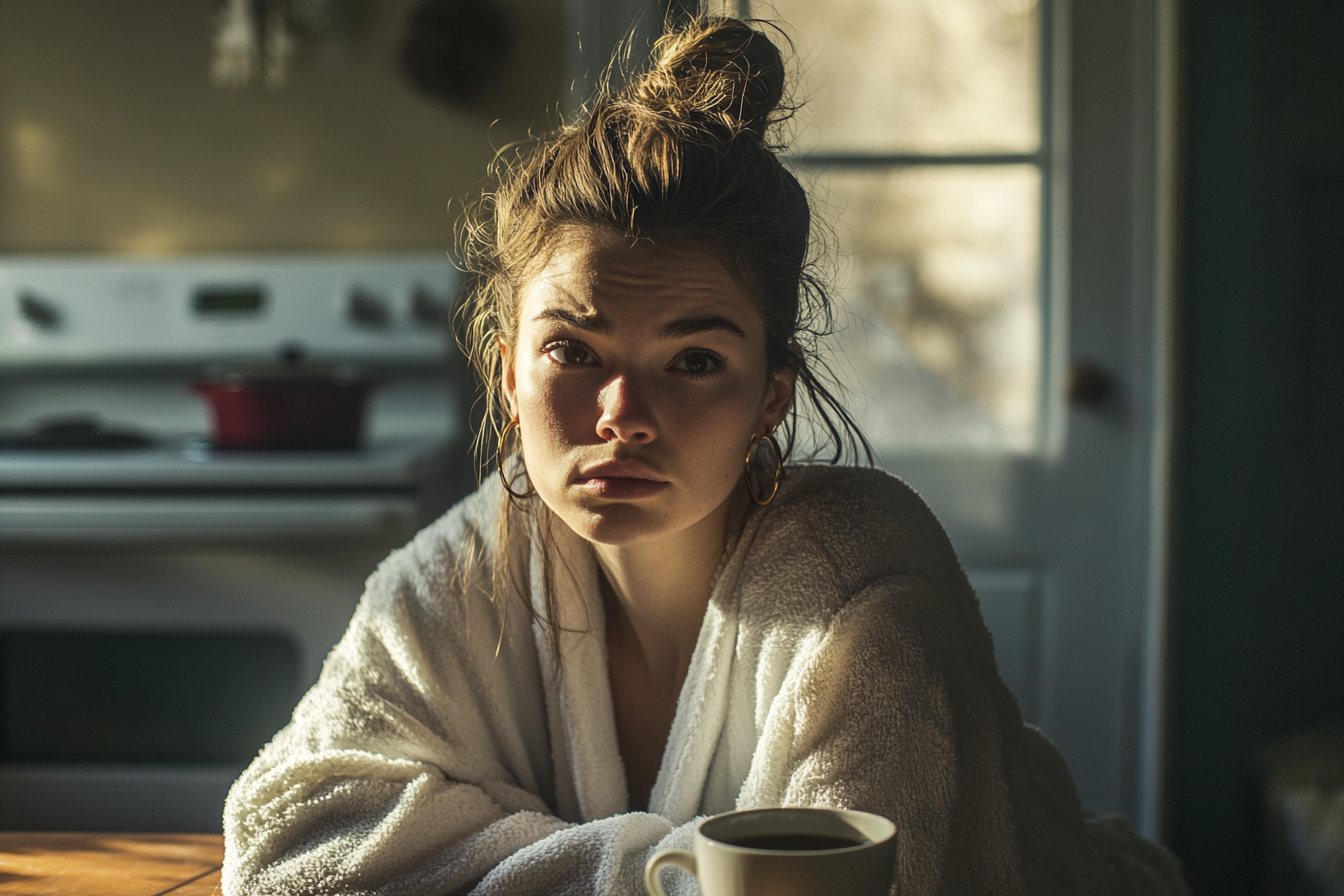 A woman in her 30s at a kitchen table with a cup of tea looking sad and upset | Source: no source