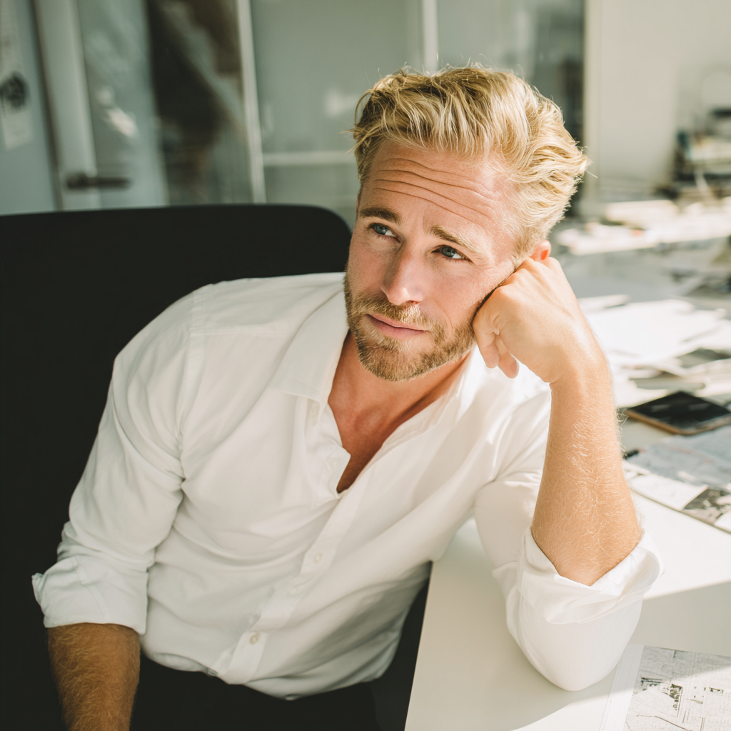A man sitting at a desk wearing a white formal shirt | Source: No source