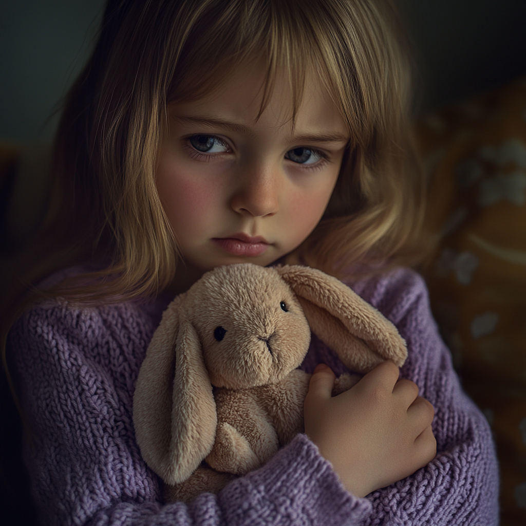 A sad little girl holding a stuffed rabbit | Source: No source