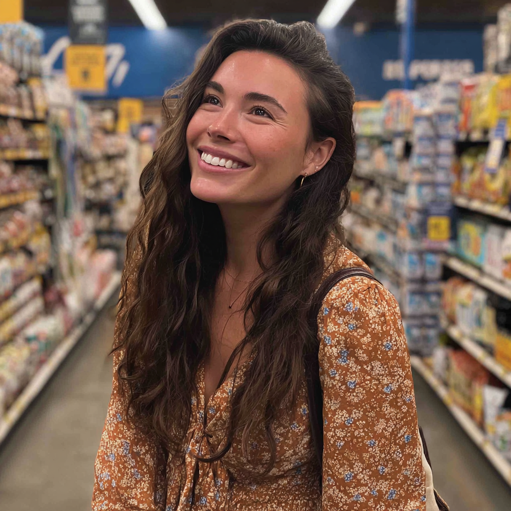 A smiling woman standing in a grocery store | Source: no source
