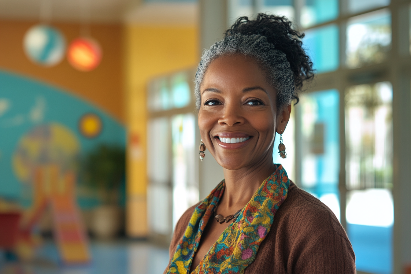 Woman smiling at a children's center | Source: No source