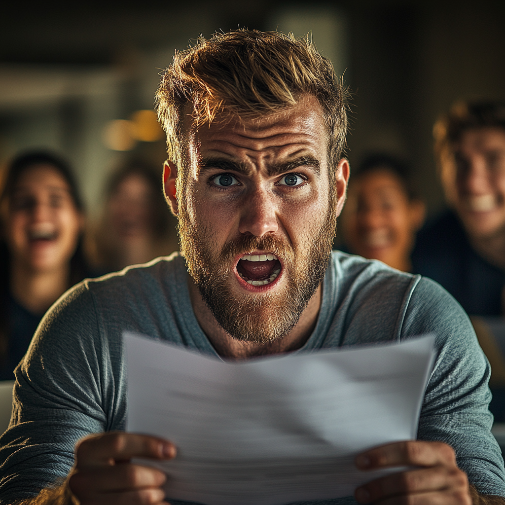 A man gaping in shock as he holds some papers | Source: no source