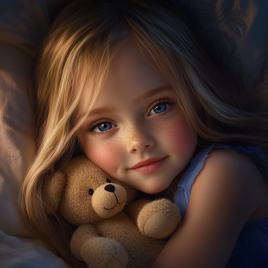A little girl hugging her teddy bear and lying in her bed | Source: no source