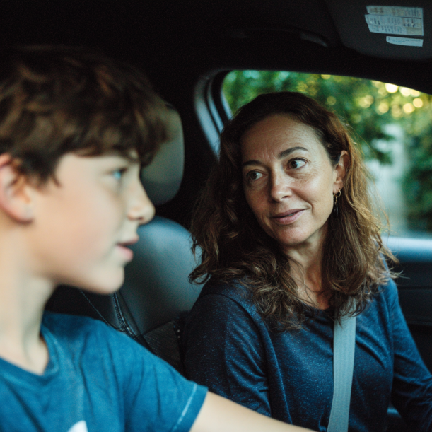 A mother and son talking in a car | Source: No source