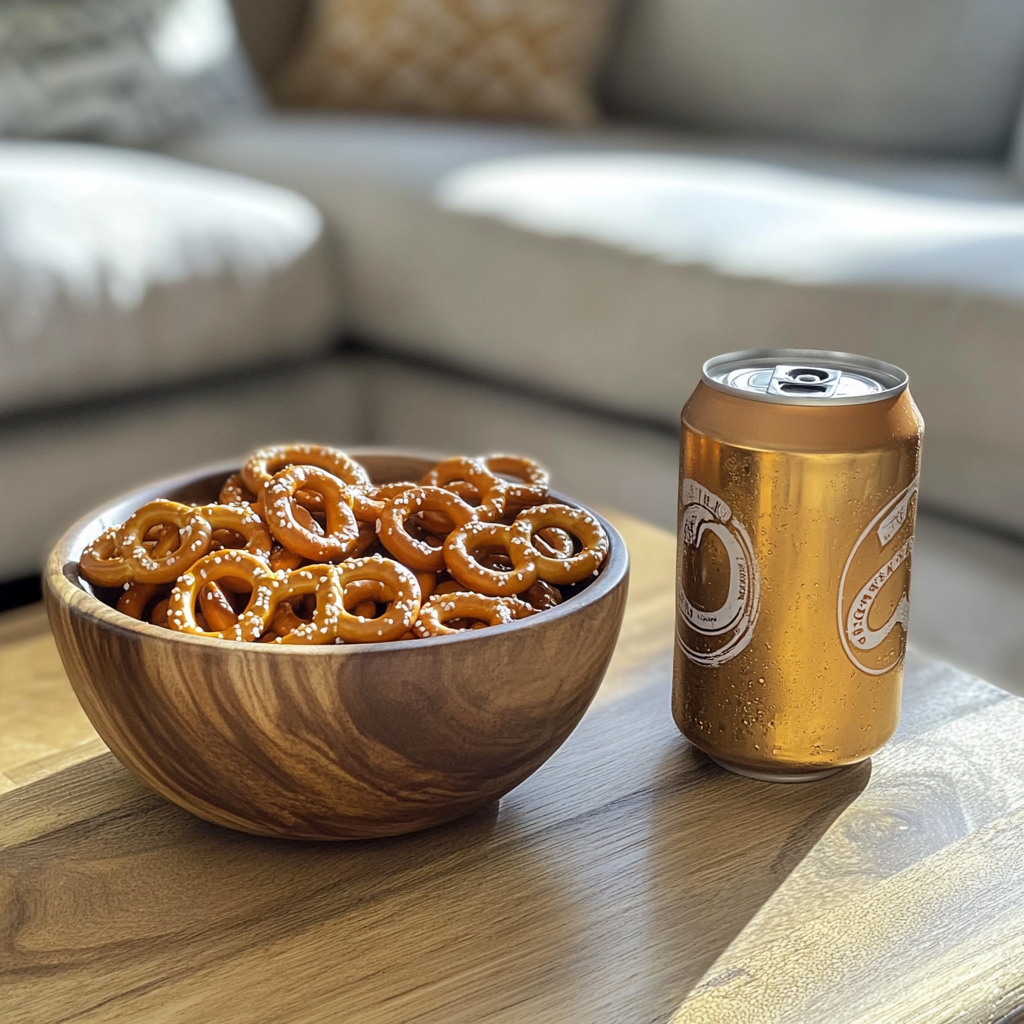 Beer and pretzels on a coffee table | Source: No source
