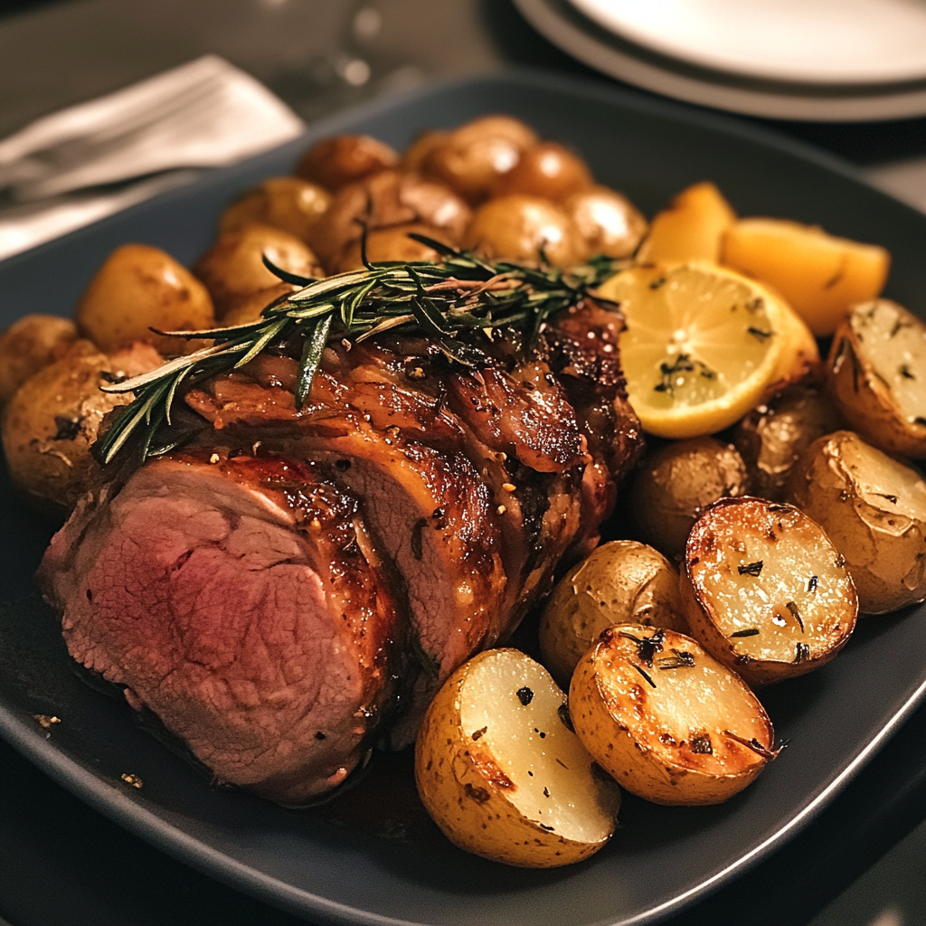 A platter of roast lamb and roast potatoes | Source: No source