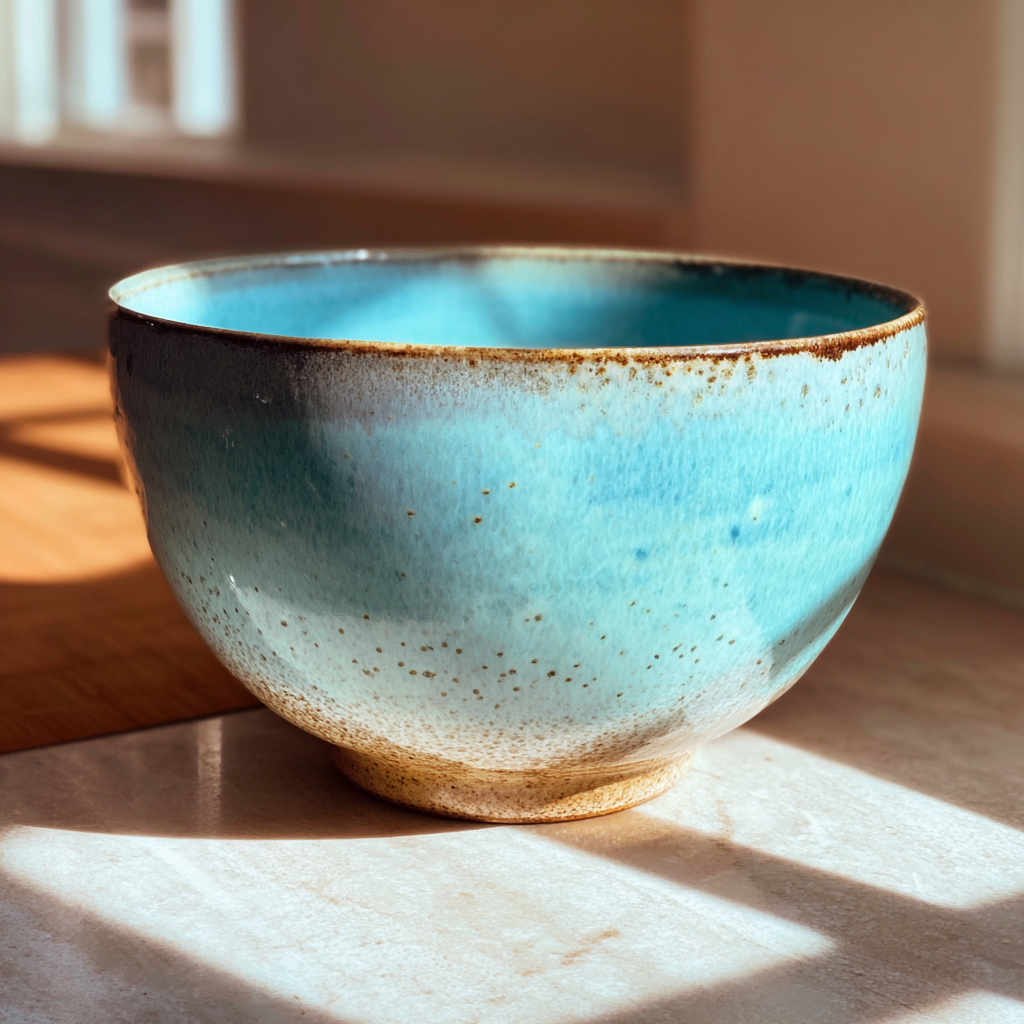 A blue ceramic bowl on a counter | Source: No source