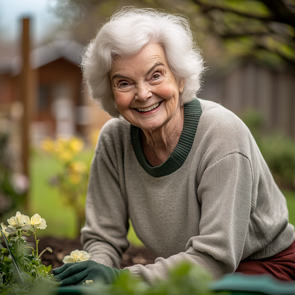 A happy elderly woman planting flowers in her garden | Source: no source