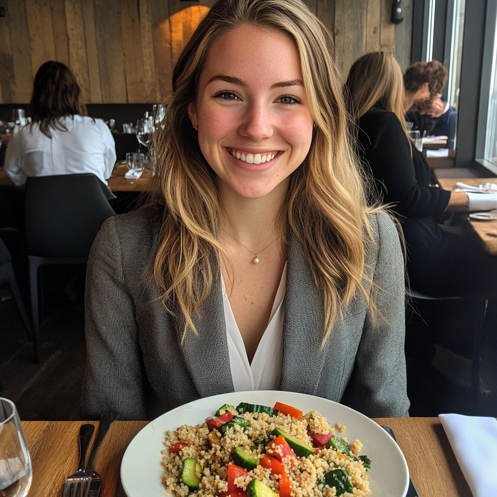 A smiling woman sitting in a restaurant | Source: No source