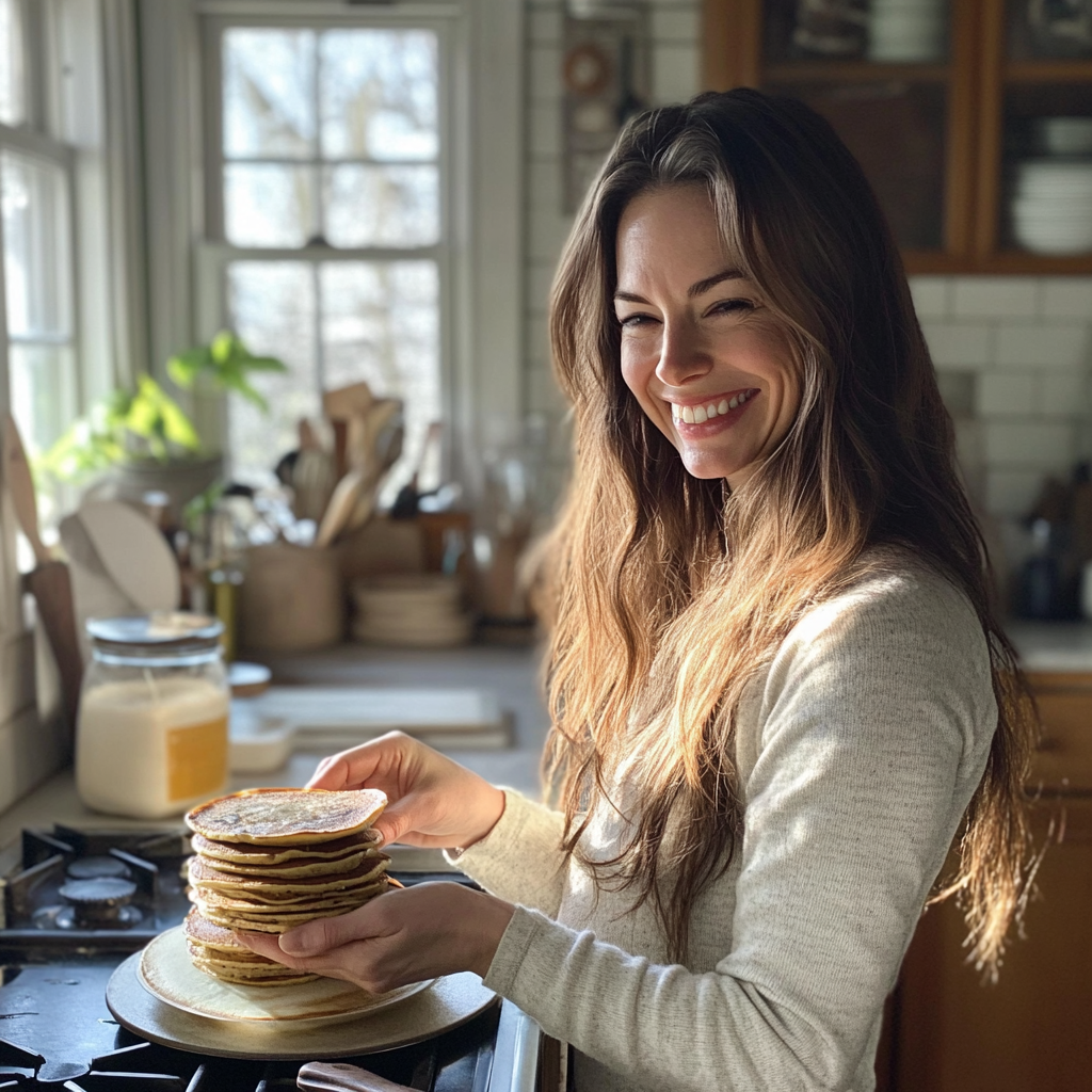A smiling woman with a stack of pancakes | Source: No source