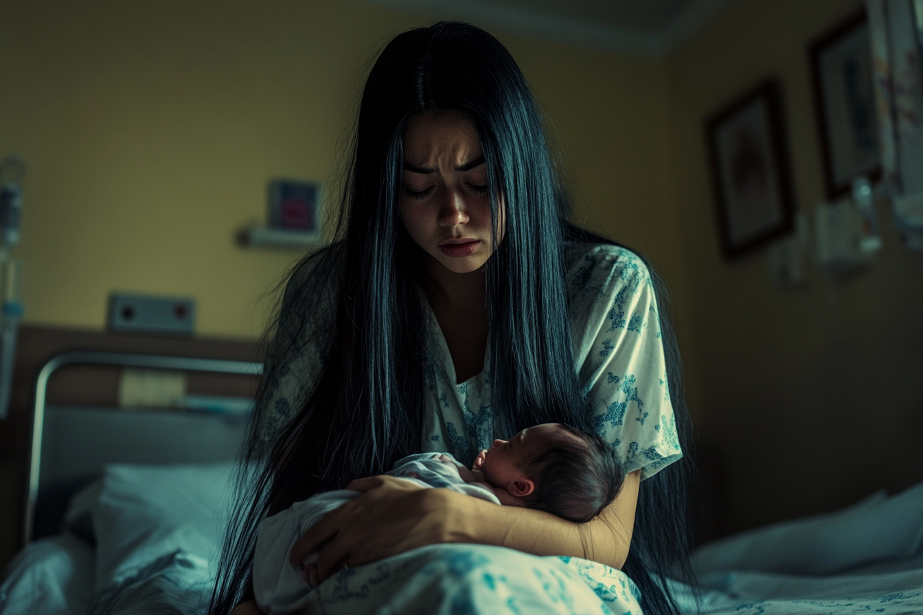 A young woman looks sad while holding a newborn in a hospital bed | Source: no source