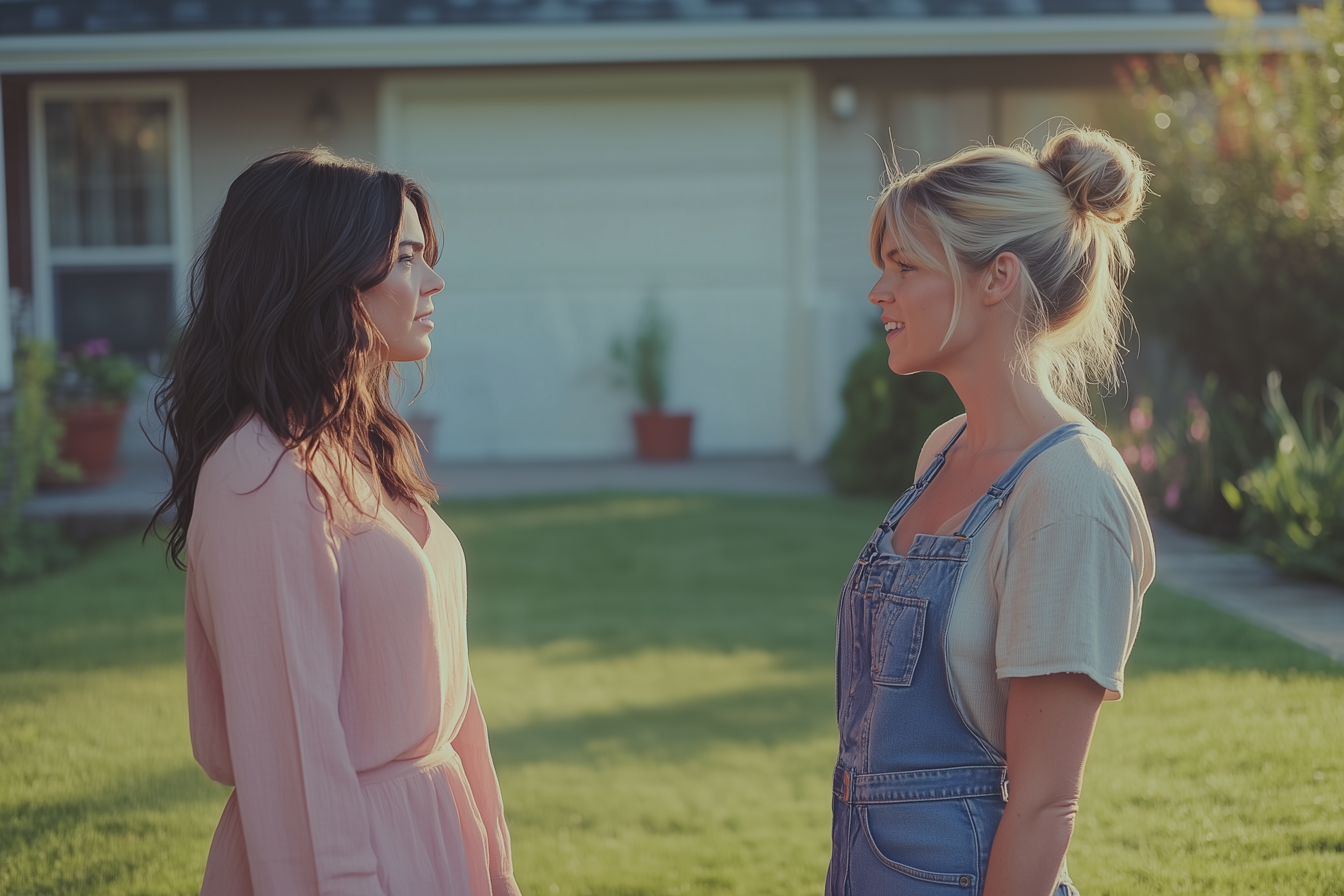 Two women talking on the front lawn of a house | Source: No source