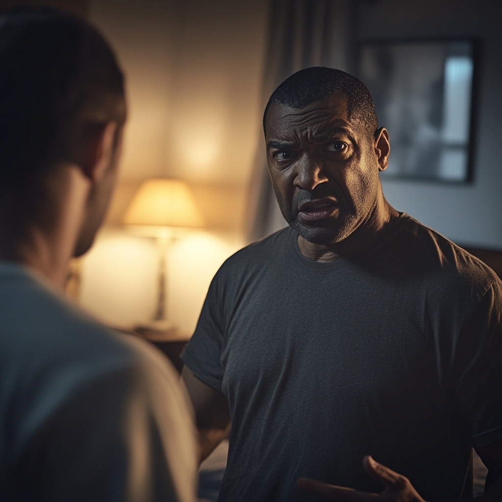 An angry man talking in his bedroom | Source: no source