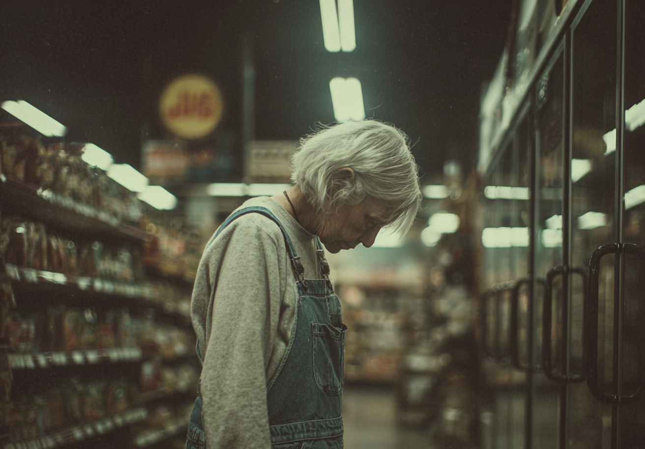 A sad old woman looking down at the ground | Source: no source
