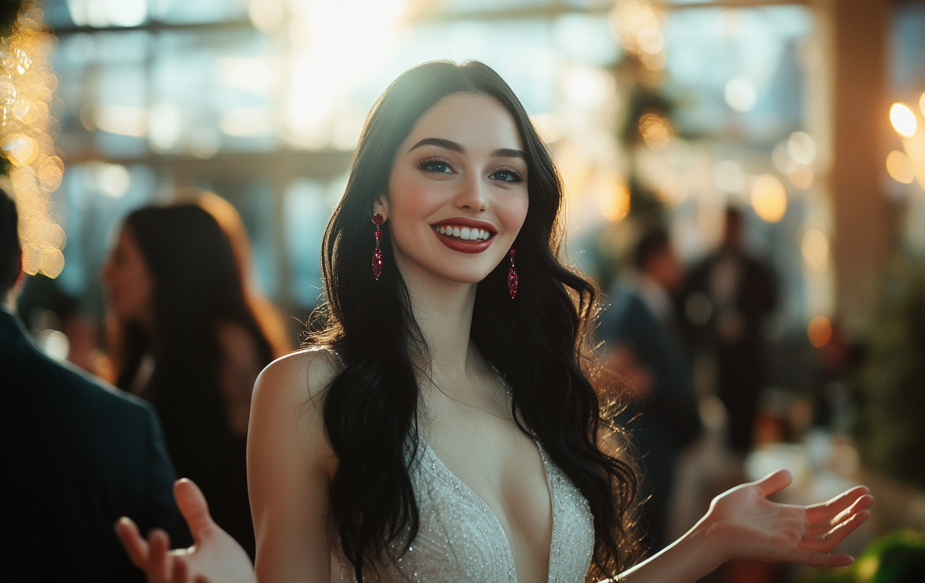 Woman in her 20s wearing a white cocktail dress smiles with her arms open wide for a hug at a party venue | Source: No source