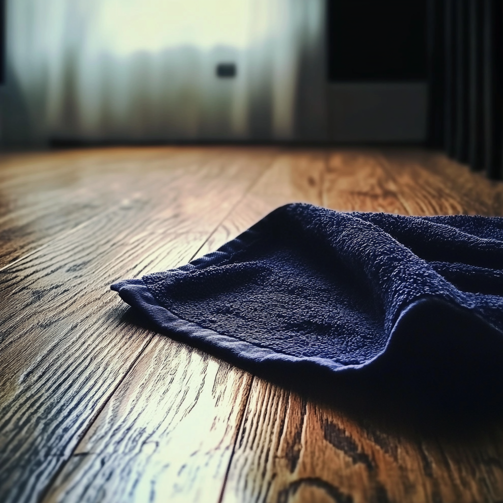 The corner of a navy towel on the floor | Source: No source