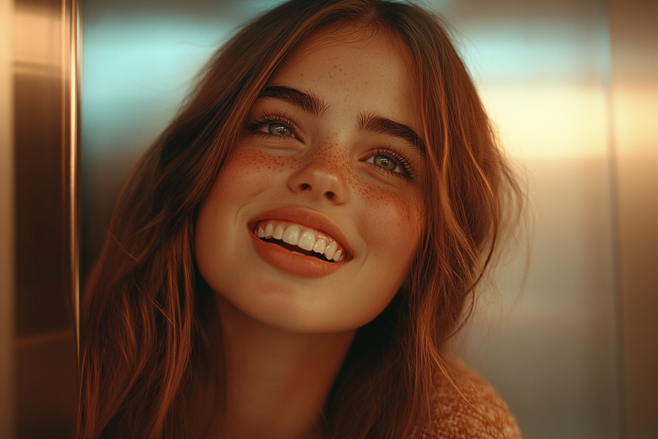 A young woman laughing in a lift | Source: no source