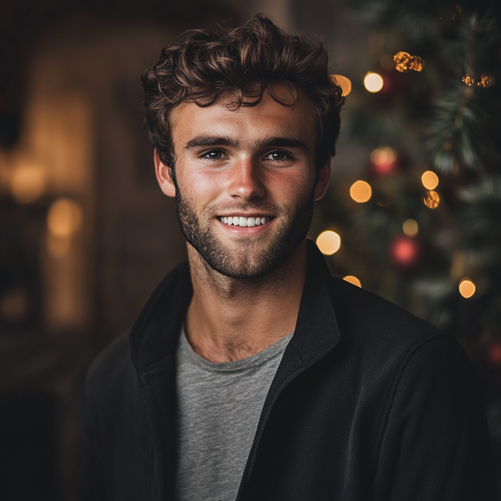 A man smiling against the backdrop of Christmas decorations | Source: no source