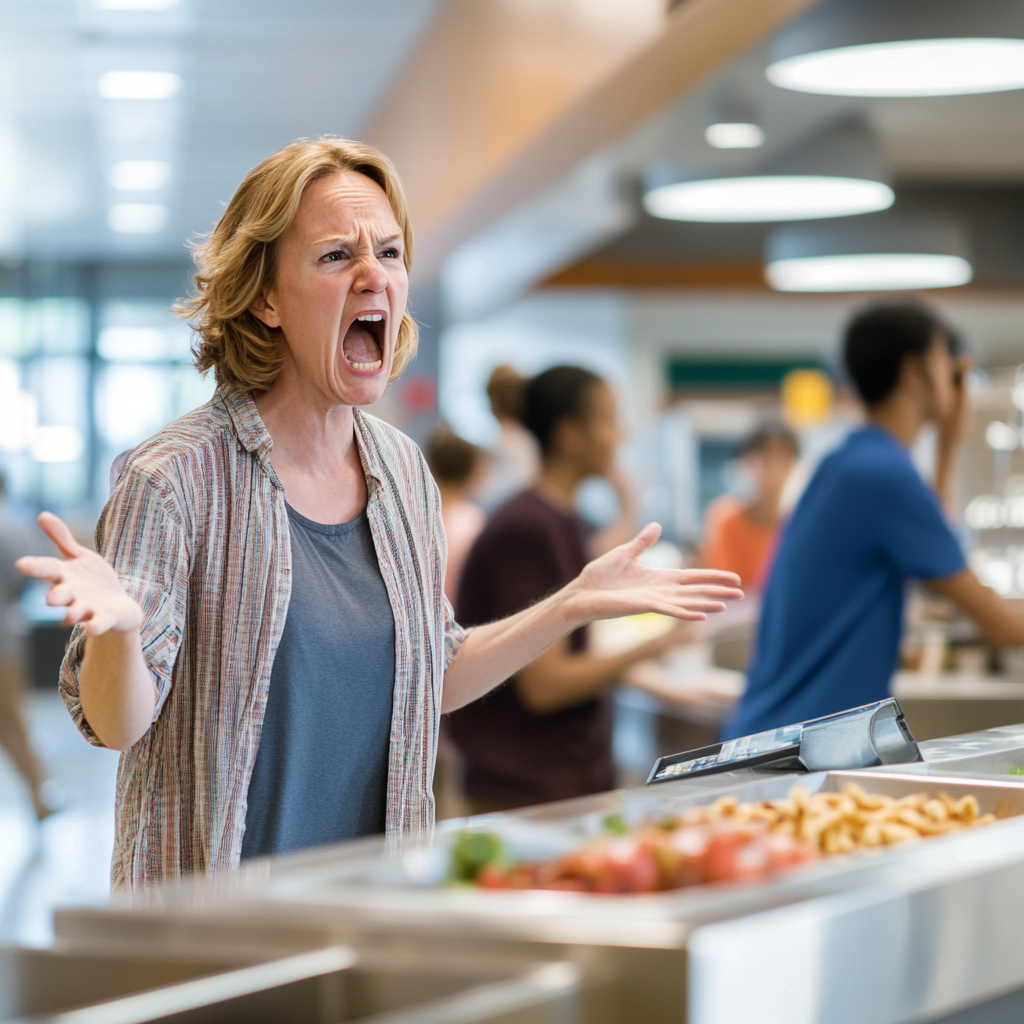 An angry middle-aged female cashier screaming while standing in a college cafeteria | Source: no source