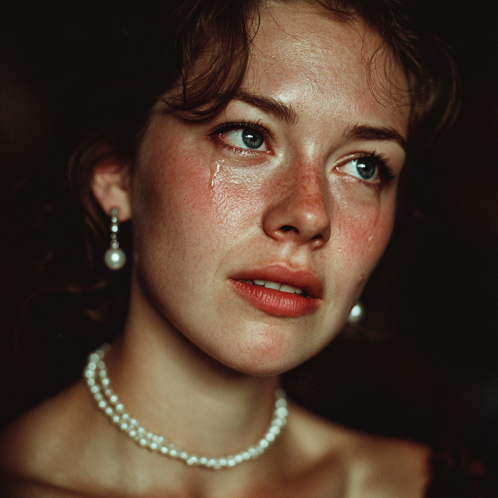 A woman crying while wearing pearls | Source: no source