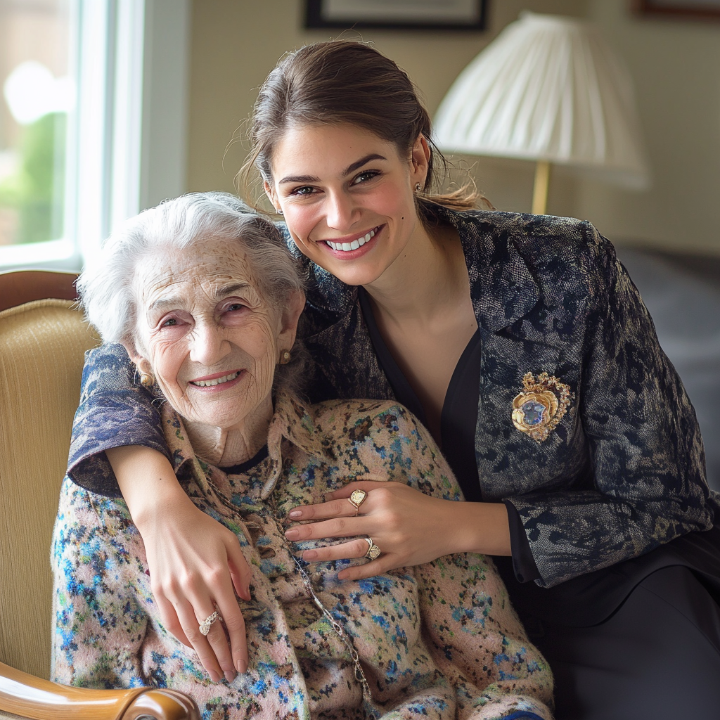 An elegantly dressed woman hugs an elderly lady in a nursing home room | Source: no source