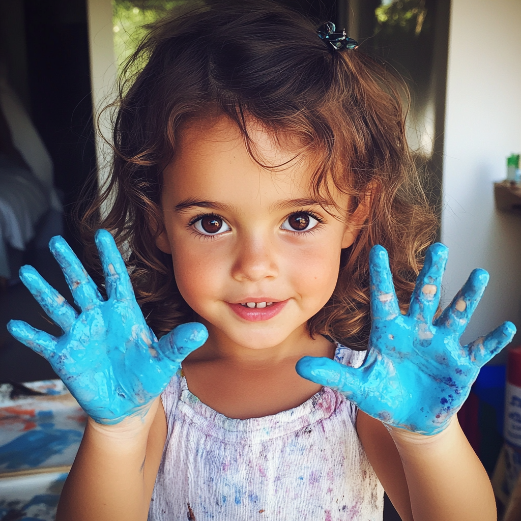 A little girl with paint on her hands | Source: no source