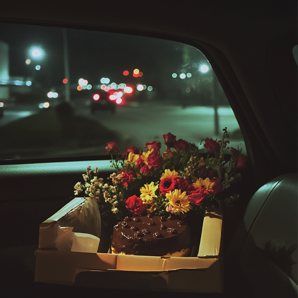 A bouquet of flowers and a chocolate cake in a car | Source: No source
