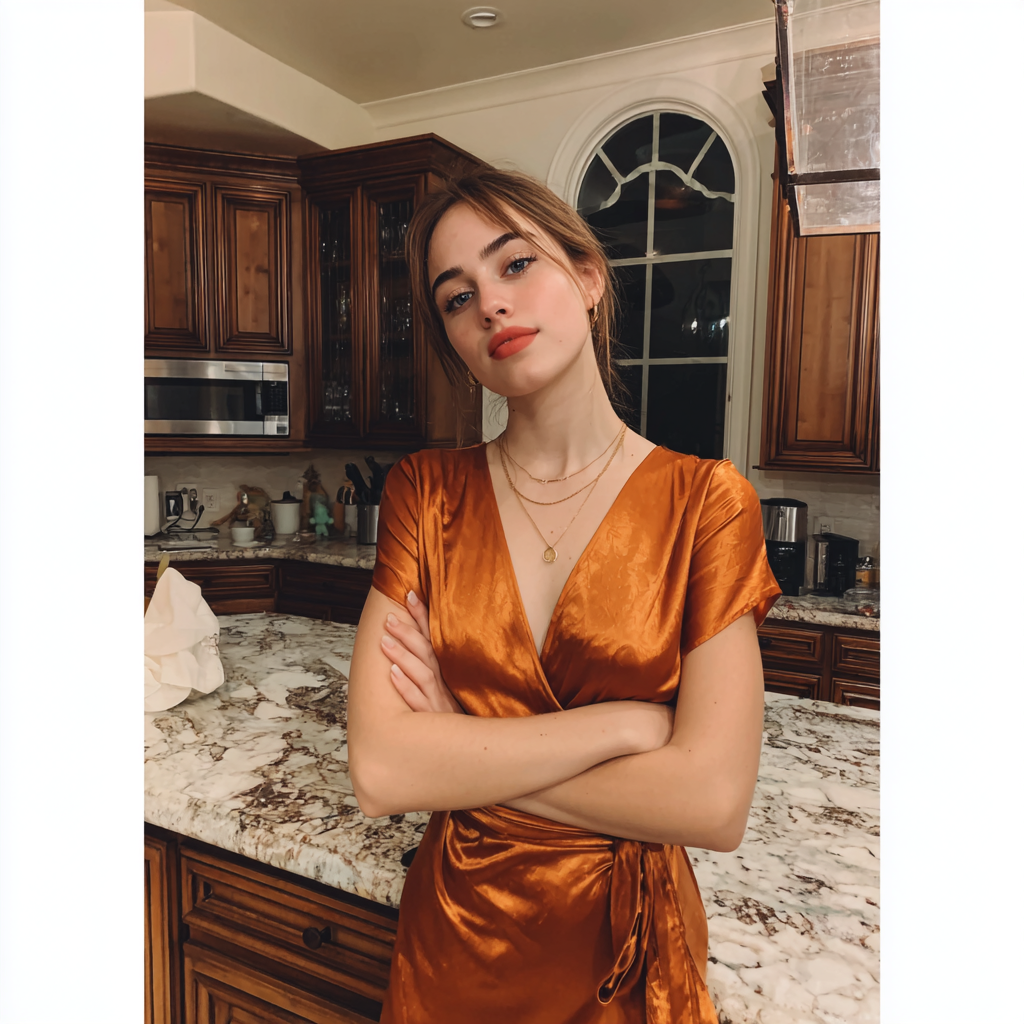 A woman standing in a kitchen with folded arms | Source: no source