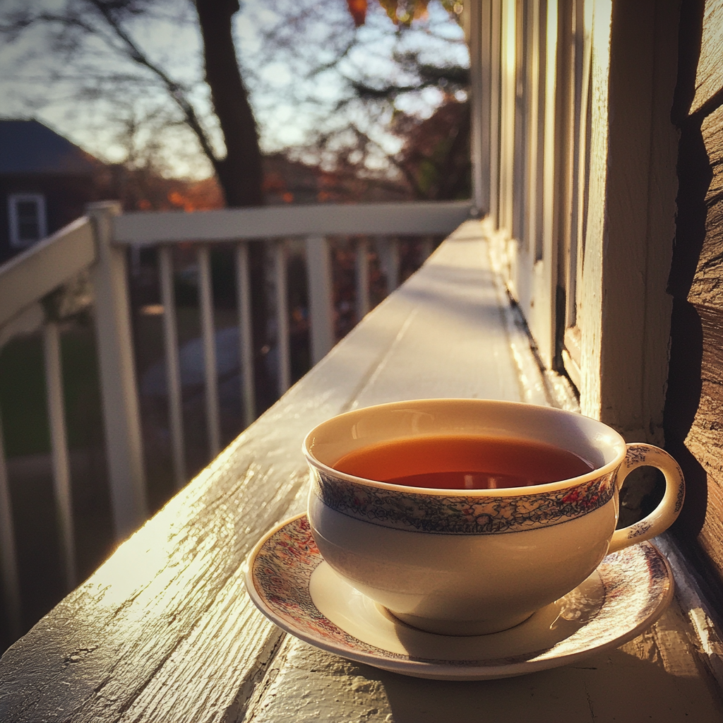 A cup of tea on a porch | Source: No source