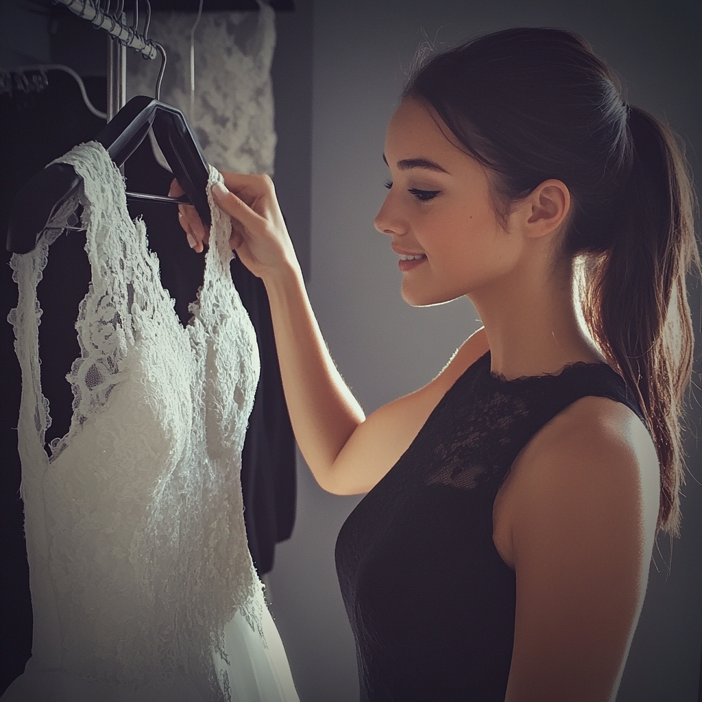 A saleswoman holding a wedding gown | Source: No source
