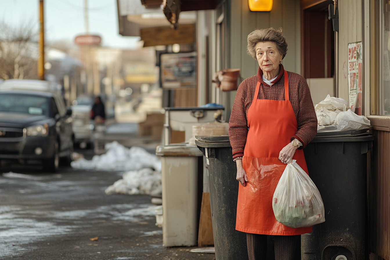 A woman holding a trash bag near a dumpster | Source: No source