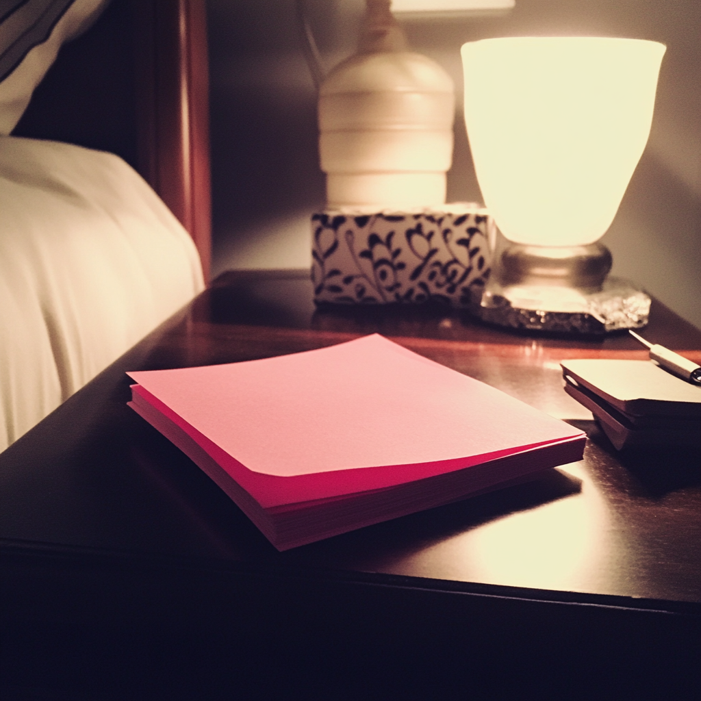A pink Post-it pad on a nightstand | Source: no source