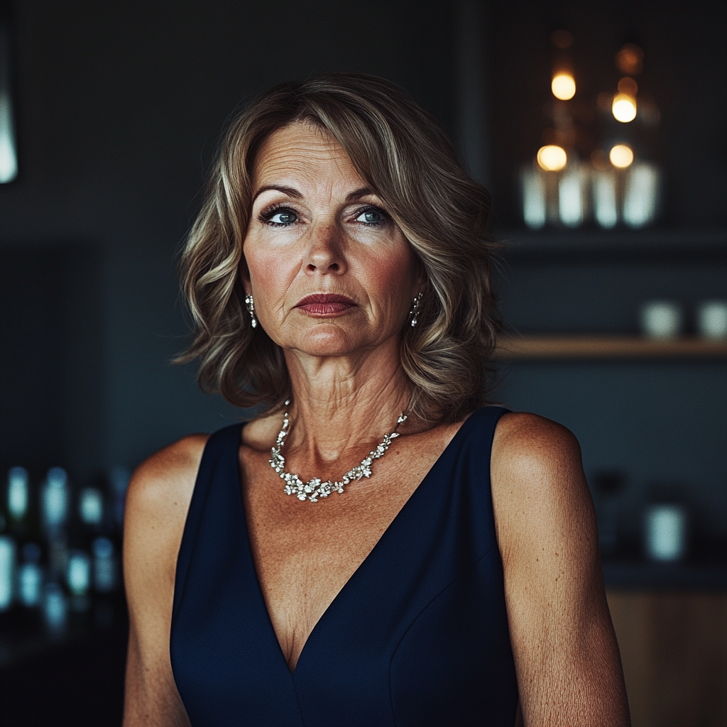 A pensive woman in a navy dress | Source: no source