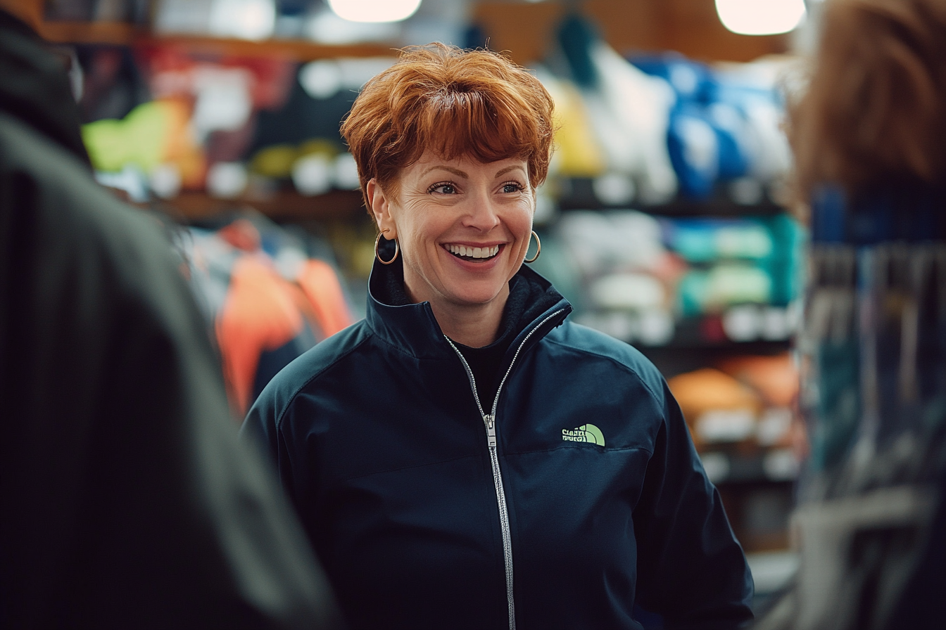 Woman in her late 30s working in a sporting goods store while wearing winter clothes | Source: No source