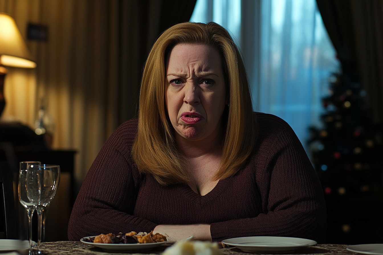 A scowling woman seated at a dinner table | Source: No source