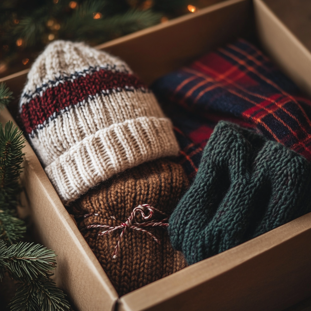 A gift box containing a knitted muffler, cap, and gloves | Source: No source