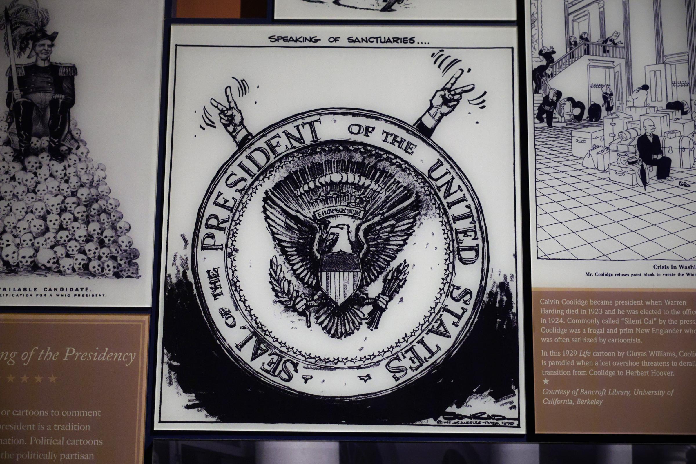 A detail shot of the section of “The Presidency in Popular Imagination,” at the Smithsonian National Museum of American History in Washington, DC on August 28, 2025. | Source: Getty Images