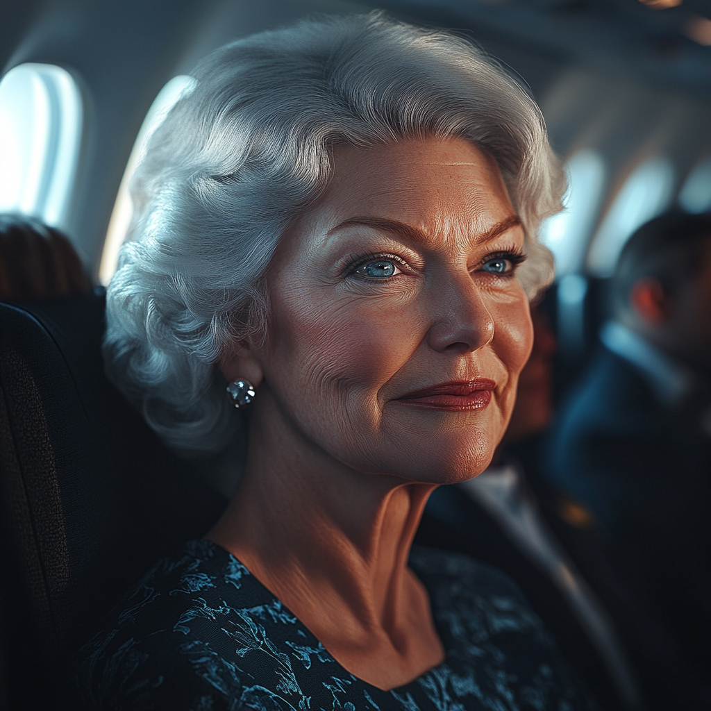 A senior woman smiling on a flight | Source: no source