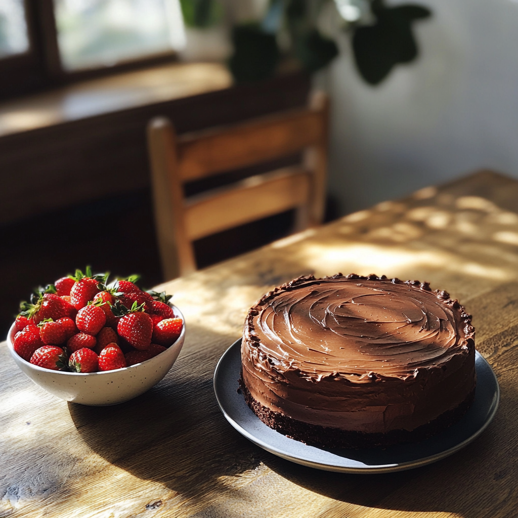 A chocolate mousse cake and a bowl of strawberries on a table | Source: no source