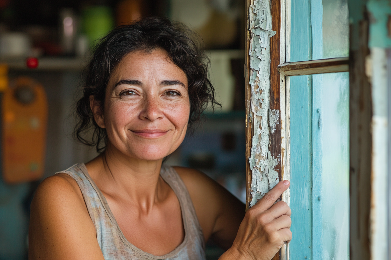 A woman smiling proudly while standing beside a window frame with peeling paint | Source: no source