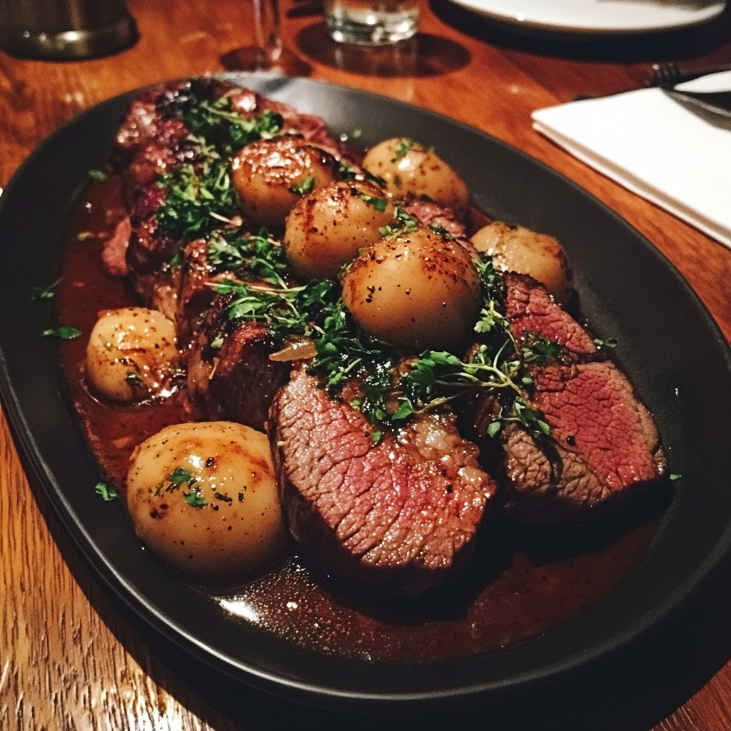 A platter of roast beef on a table | Source: no source