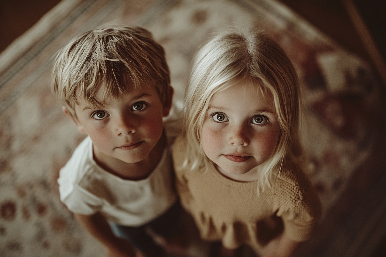 A little boy and girl, twins, looking up with curious expressions in a living room | Source: No source